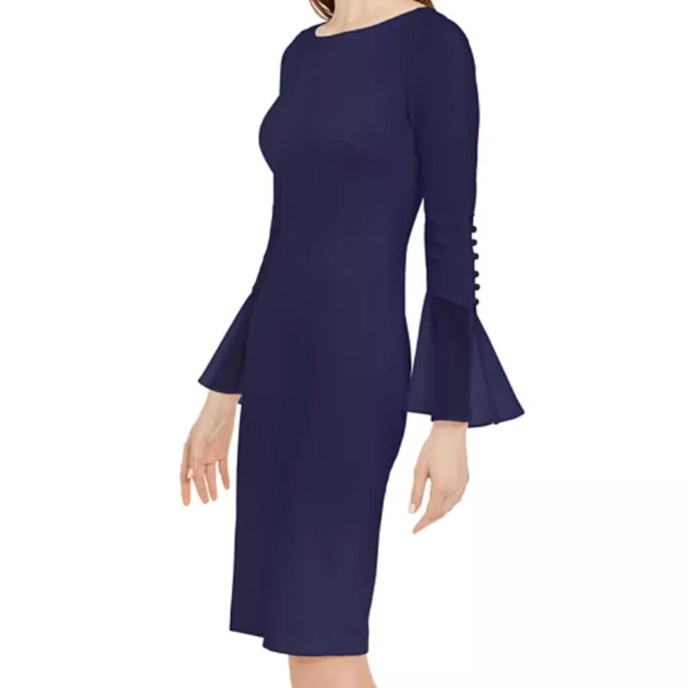 Calvin Klein Chiffon-Bell-Sleeve Sheath Dress (Indigo) | NWT, size 16